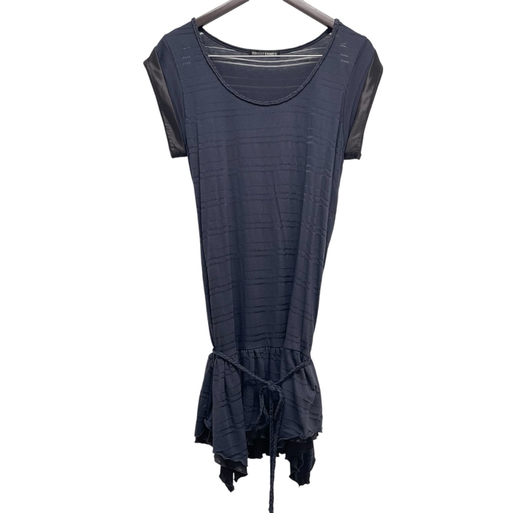 5351 Pour Les Femmes Braided Rope Sheer Stripe Navy Short Sleeve Dress